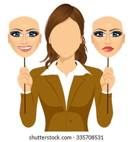 faceless woman holding a happy and angry mask in her hands. Concept of hypocrisy