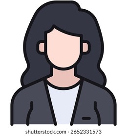 Faceless Woman Icon with Wavy Dark Hair and Business Attire
