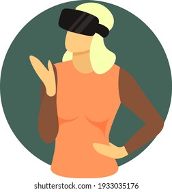 A faceless woman with isometric virtual reality headset. Vector flat design illustration. Model girl with white hair blondie wearing VR glasess icon for web site or logo for VR device