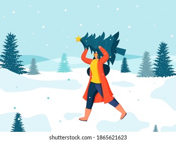 Faceless Woman Lifting A Xmas Tree On Winter Landscape Background.