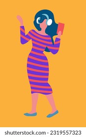 faceless woman listening to music in a striped dress