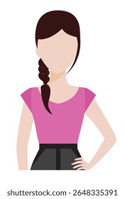 Mulher sem rosto com cabelo comprido puxado para um elegante rabo de cavalo trançado. Sua postura confiante e elegante, mas profissional, tornam-na adequada como empresária, gerente ou empreendedora.