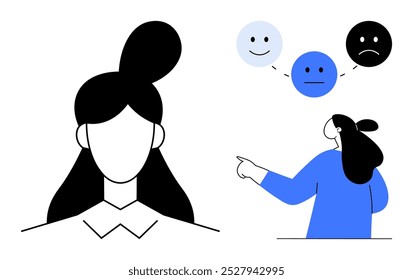 A faceless woman with long hair is shown pointing to three different facial expressions in thought bubbles. Ideal for emotion, mental health, communication, psychology, therapy discussions. Simple