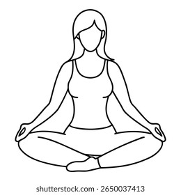 Faceless woman in outline style, with long hair and a tank top, is sitting in a cross legged position and meditating. She is calm and serene in the artwork.