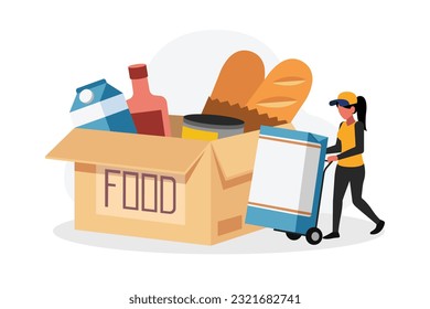 Faceless woman packing food as donations. Humanitarian aid organization. Grocery for needy and poor people. Preparing boxes for charity. Vector flat style illustration