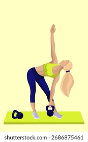 A faceless woman performs a side stretch while holding a kettlebell on a yoga mat. The workout occurs indoors with a light background.
