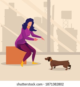 Faceless woman playing with pet dog in apartment.