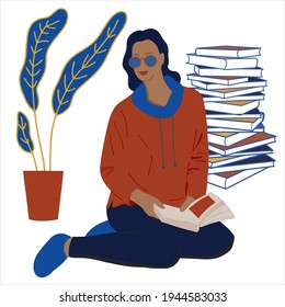 Faceless Woman Reader Vector Character. Book Festival. Library Day. Intellectual Hobby Flat Illustration. Female read the book at home. Books and flower vector elements.
