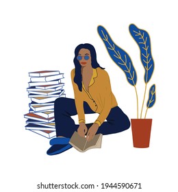 Faceless Woman Reader Vector Character. Book Festival. Library Day. Intellectual Hobby Flat Illustration. Female read the book at home. Books and flower vector elements.