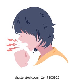 Faceless woman with short black hair and yellow shirt coughing, sneeze, shout, argue, angry, or other expression colorful illustration isolated on square white background.