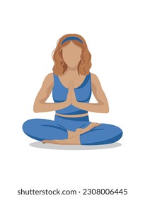 Faceless woman sitting in lotus yoga asana pose with ginger hair. Mental health, emotions control and personal harmony concept. Time for yourself. Vector flat illustration, cartoon style.
