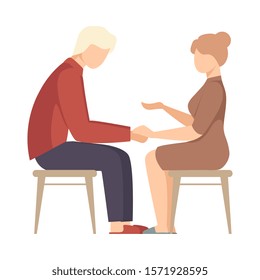 Faceless Woman Sitting on Chair and Encouraging Man Sitting Opposite Her Vector Illustration