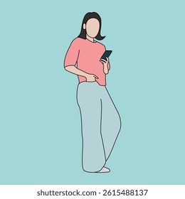 Faceless Woman Standing with Smartphone in Casual Pose, Modern Flat Illustration of Female Using Phone