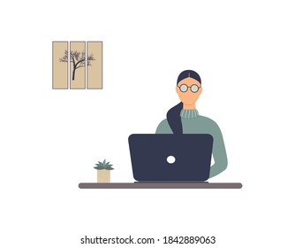 Faceless woman tutor work on laptop.Remote work, distance E-learning or online training during virus epidemic.Lady trainer or coach conduct webinar,seminar or workshop.Vector colourful illustration