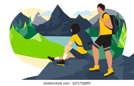 Faceless woman wearing sport outfit and tracking boots with a backpack sitting on a rock and watching sunset at mountain lake. Active lifestyle in travel or vacation. Healthy spring outdoor activity.