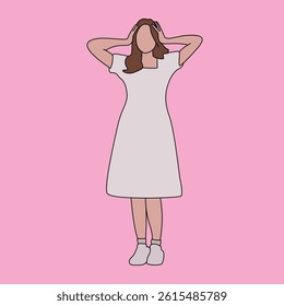 Faceless Woman in White Dress Holding Head in Frustrated Pose, Minimal Flat Illustration of Female Character with Hands on Head