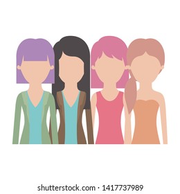 faceless women in half body with casual clothes and long and short hair and hairstyle mushroom layered and pigtail in colorful silhouette