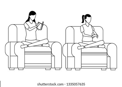 faceless women reading and playing living room in black and white