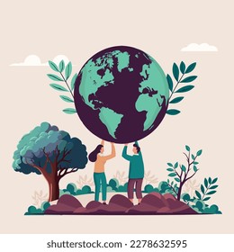 Faceless Young Couple Character Raising Earth Globe From Their Hands On Nature Background.