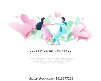 Faceless Young Couple Dancing with Holding Hands, Pink and Green Paper Hearts Decorated on White Background for Happy Valentine's Day.