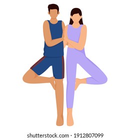 Faceless Young Couple Doing Namaste Together In Standing Pose.