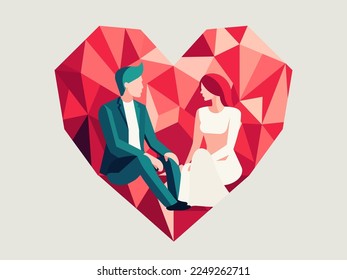 Faceless Young Couple Sitting On Polygonal Red Heart. Happy Valentines Day Concept.