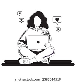 faceless young girl in black and white, using a laptop social networks. on f white background. likes. online education