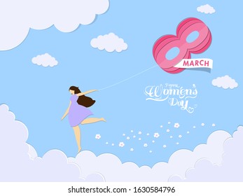 Faceless Young Girl running with Origami Paper 8 Number of March on Cloudy Blue Background for Happy Women's Day Celebration.