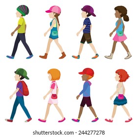 Faceless young girls and boys walking on a white background