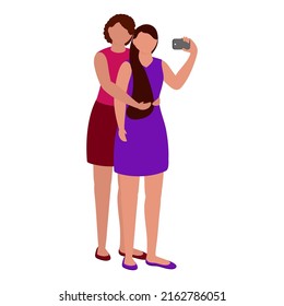 Faceless Young Girls Embracing And Take A Selfie Together Against White Background.