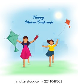 Faceless Young Girls Holding Kite With String Spool On Gradient Blue And Green Sun Background For Happy Makar Sankranti Concept.