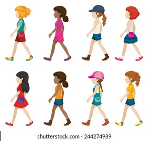 Faceless young girls walking on a white background