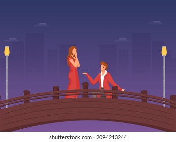 Faceless Young Man Proposing To His Beloved (Girlfriend) On Bridge Or Pier.