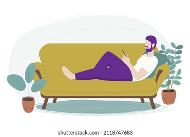 Faceless young man with purple hair is comfortably sitting on a couch with a smartphone. Remote work, online education or social network communication concept. Cartoon style vector illustration.