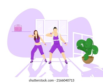 Joven Y Mujer Sin Cara Haciendo Baile De Zumba En Contra Del Fondo Morado Y Blanco.