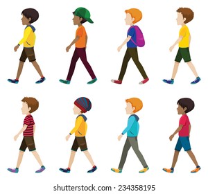 Faceless young men walking on a white background 
