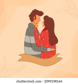 Faceless Young Romantic Couple With Empty Ribbon On Pastel Orange Background.