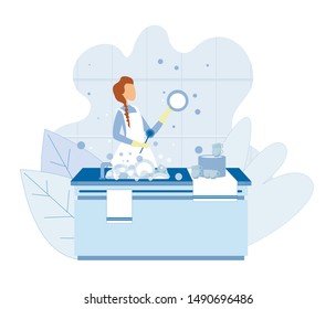 Faceless Young Woman Cartoon Master Chef, Chief Cook Character in Protective Clothes Washing Dishes after Cooking Cutout Illustration. Vector Kitchen Interior. Flat Sink with Foam and Bubbles