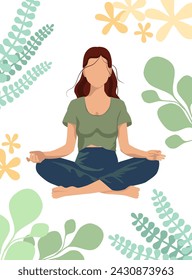 Faceless young woman sits in yoga lotus position. Vector illustration in flat style.