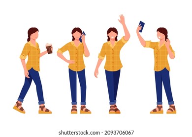 Faceless young woman in various positions vector illustration. Girl with coffee and smartphone flat style. Casual, lifestyle, model concept