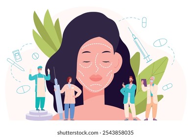 Estiramiento facial. Vista estética nariz mujer cara procedimiento de cirugía plástica, cirujano hacer líneas faciales composición ritidectomía medicina de belleza rejuvenecer tratamiento Ilustración vectorial obras de arte originales