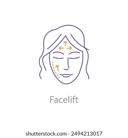 Facelift, Rhytidectomy, Face Lift Surgery, Facial Rejuvenation, Anti-Aging Surgery, Cosmetic Surgery, Facelift Icon, Facelift Vector, with editable stroke.