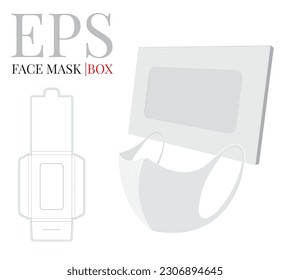 Facemask box, die cut template. Face mask box, vector. White clear blank facemask mock up isolated on white background, illustration. Packaging design with perspective presentation.