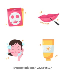 facemask lipstick sunscreen wash face with soap beauty skincare makeup woman illustration set