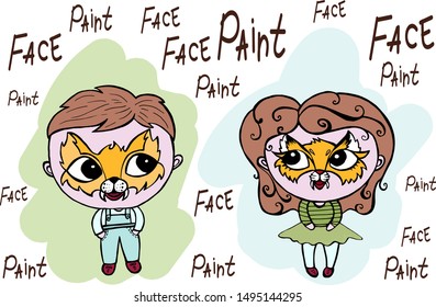 Face-Paint kids. Boy and girls- fox. Lettering. Vector. 