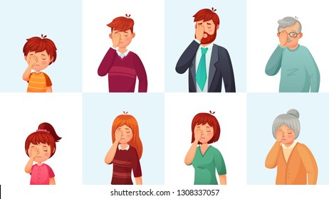 Facepalm gesture. Disappointed people embarrassed faces, hide face behind palm and shame gestures. Sad stressed faces, worry disappointed facepalm expression cartoon vector illustration set
