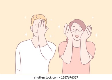 Facepalm gesture, joyful mood, funny situation concept. Young people laughing at joke. Boy feeling embarrassed. Woman covering face with hands. Cute facial expression. Simple flat vector