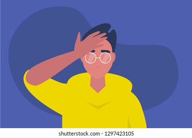 Facepalm gesture. Problem. Trouble. Young male character with a hand palm on a forehead. Conceptual flat editable vector illustration, clip art