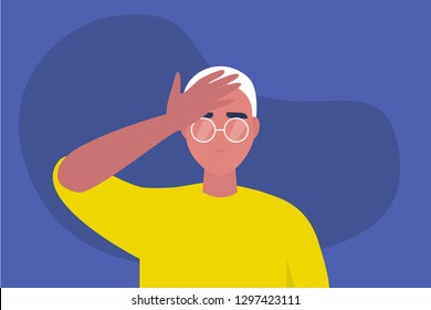 Facepalm gesture. Problem. Trouble. Young male character with a hand palm on a forehead. Conceptual flat editable vector illustration, clip art