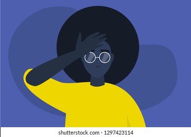 Facepalm gesture. Problem. Trouble. Young black female character with a hand palm on a forehead. Conceptual flat editable vector illustration, clip art